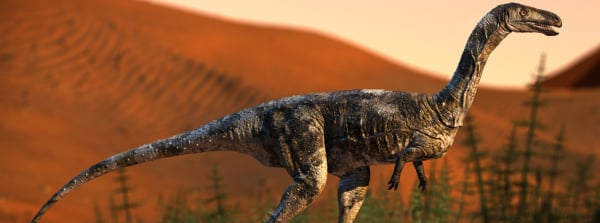 Reconstrução em vida de Vespersaurus paranensis, que viveu no período cretáceo, há 90 milhões de anos atrás; fóssil da espécie, da mesma linagem do tiranossauro e do velociraptor, foi encontrado no município de Cruzeiro do Oeste, região noroeste do Paraná