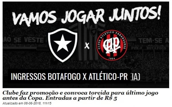Site do Botafogo anuncia promo\u00e7\u00e3o de ingressos