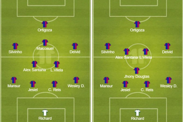 "O 4-2-3-1 (\u00e0 esquerda) e o 4-1-4-1 (\u00e0 direita): duas op\u00e7\u00f5es para Claudinei Oliveira escalar o Paran\u00e1 Clube"