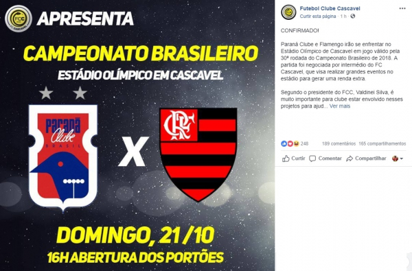 FC Cascavel comunica a realiza\u00e7\u00e3o da partida no Ol\u00edmpico Regional