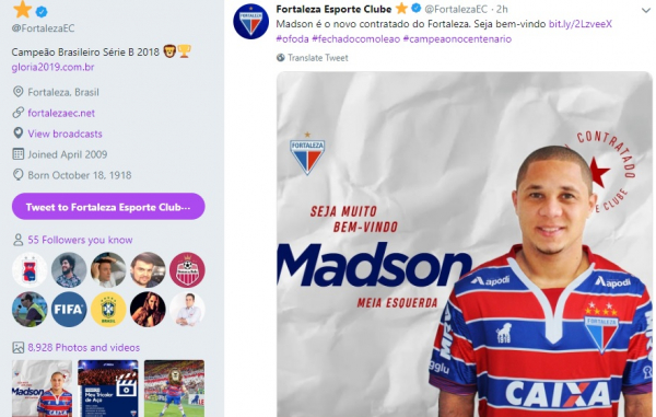 Fortaleza anuncia a contrata\u00e7\u00e3o de Madson