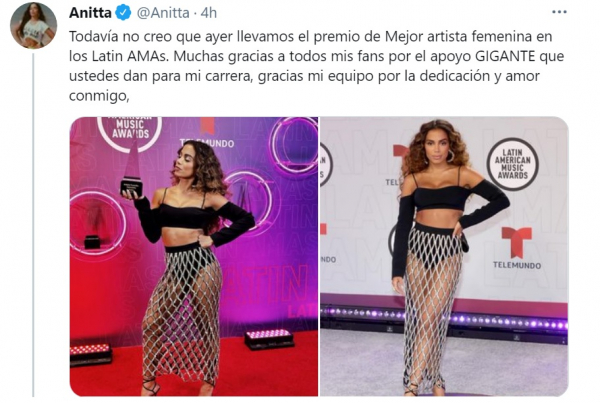Anitta fala sobre a premiação no Twitter
