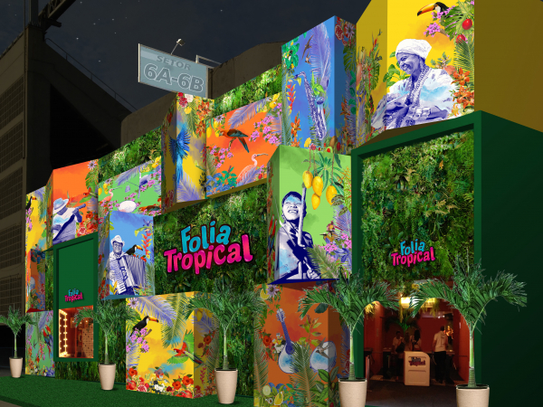 A fachada do Folia Tropical tem como tema a diversidade da cultura brasileira com muitas cores