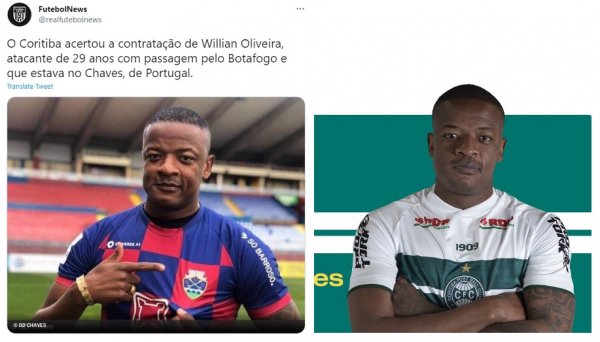 À esquerda, a postagem que virou meme. À direita, a imagem de Willian Alves no site do Coritiba