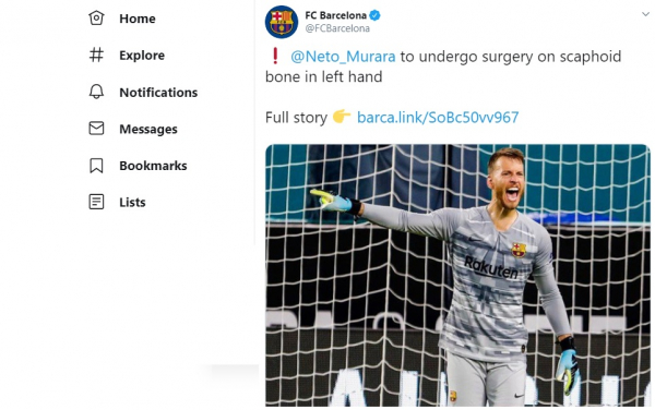 Twitter do Barcelona noticia a lesão de Neto