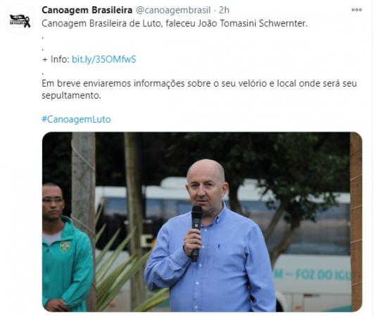 Twitter da Confederação Brasileira de Canoagem lamenta a morte do presidente da entidade