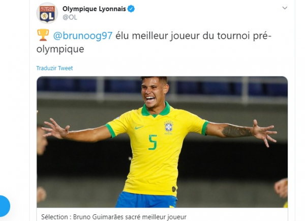 Twitter oficial do Lyon comemora o prêmio individual para Bruno Guimarães no Pré-Olímpico