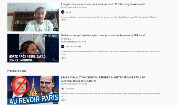 Resultado da pesquisa com a palavra 'cloroquina' no Youtube