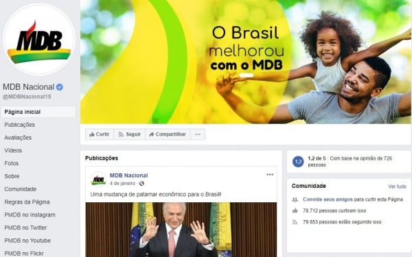 Página do MDB no Facebook