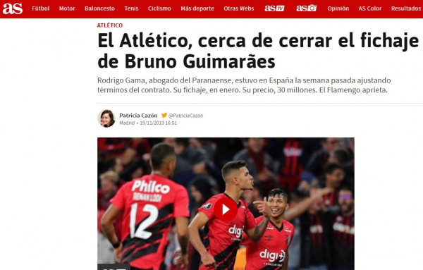 O Diário As da Espanha divulga a negociação por Bruno Guimarães
