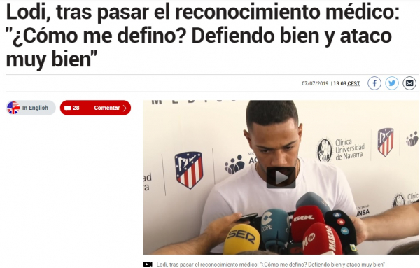 Notícia do diário Marca, da Espanha, sobre o exame médico de Renan Lodi