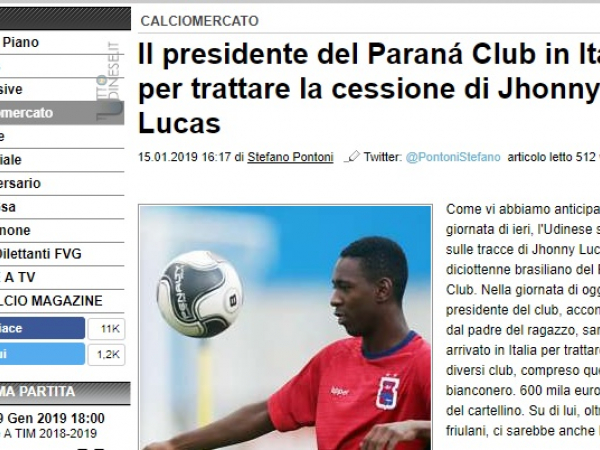 Site italiano fala sobre o interesse da Udinese no jogador do Paraná