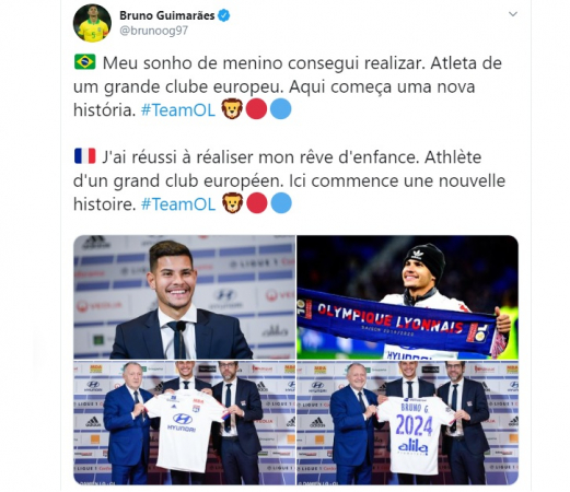 Bruno Guimarães escreve no Twitter sobre chegada ao Lyon