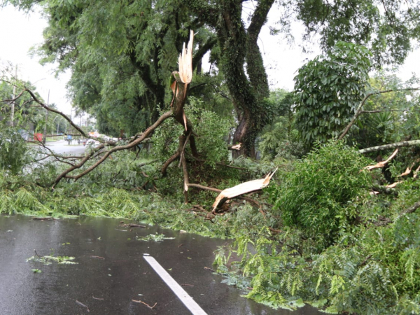 Rua obstruída por causa de estrago causado pelas chuvas